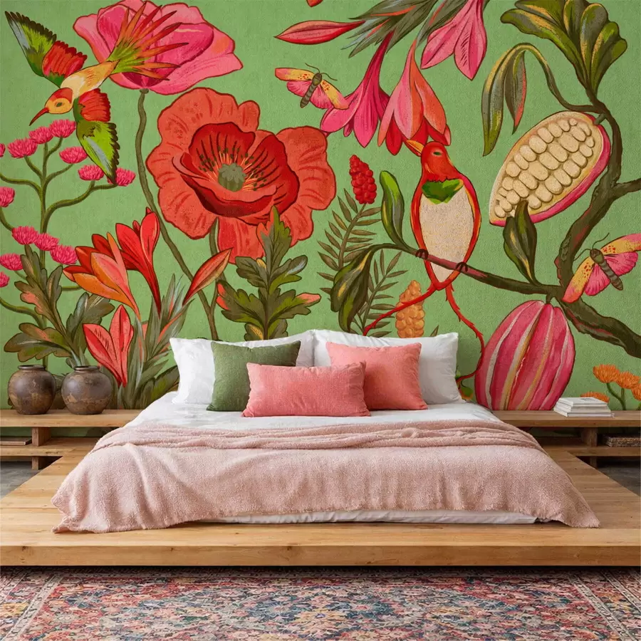 wall murals Декоративно цвеће и птице на зеленој позадини w05036v1