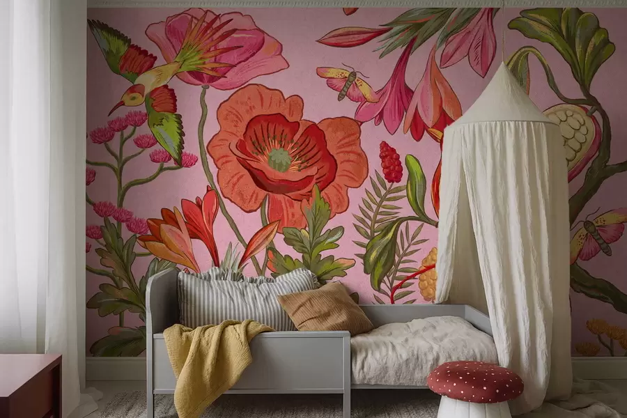 wall murals Декоративно цвеће и птице на ружичастој позадини w05036v2