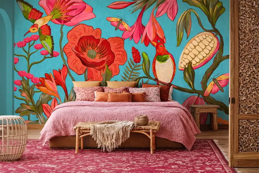wall murals Декоративно цвеће и птице на плавој позадини w05036v3