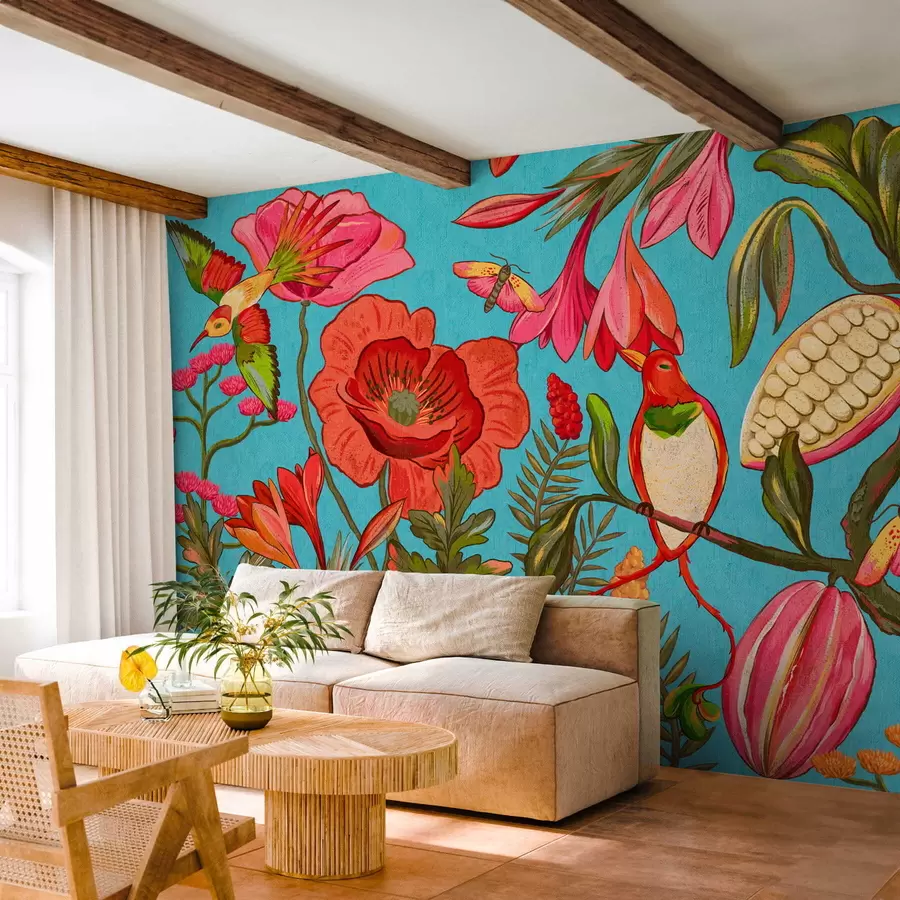 wall murals Декоративно цвеће и птице на плавој позадини w05036v3