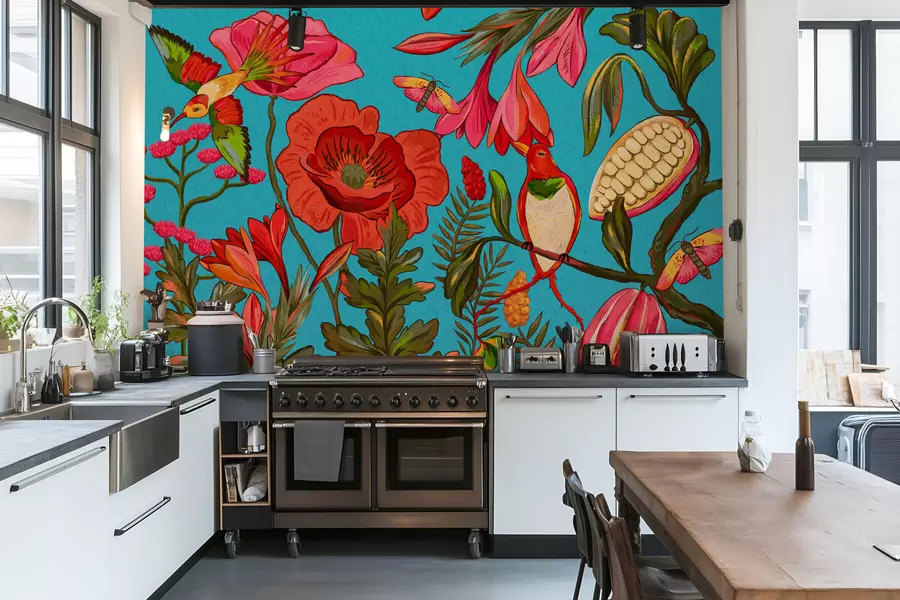 wall murals Декоративно цвеће и птице на плавој позадини w05036v3