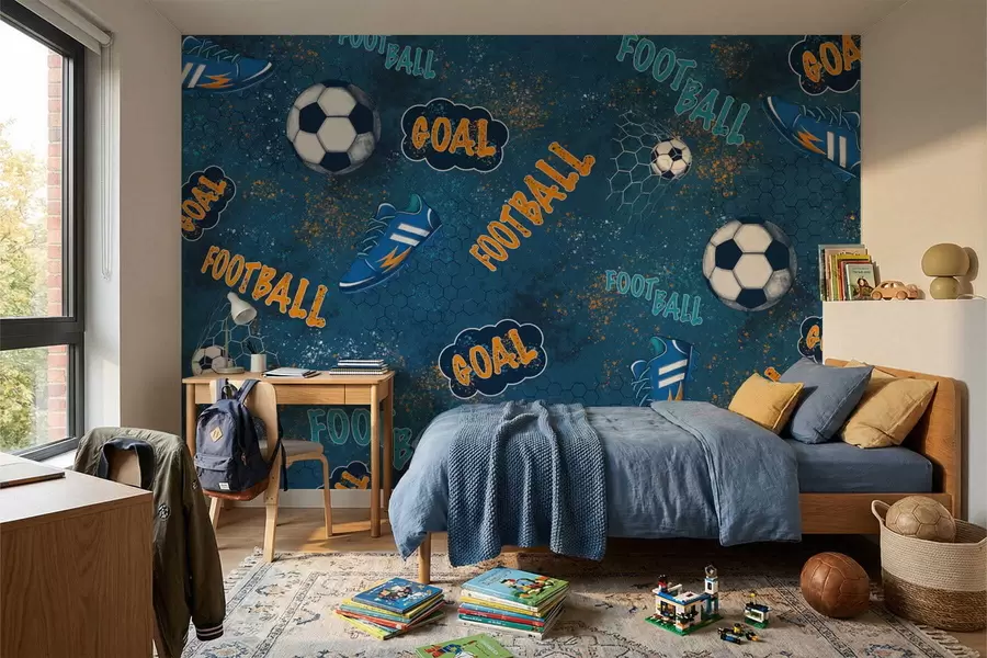 wall murals Дечји шаблон са лоптама, ципелама и спортским речима w05037