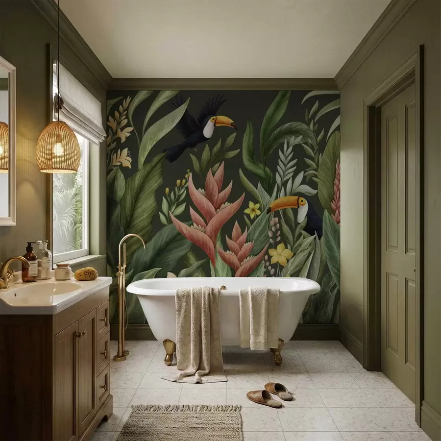 wall murals Тропске биљке и птице са великим кљуном на светлој позадини w05088