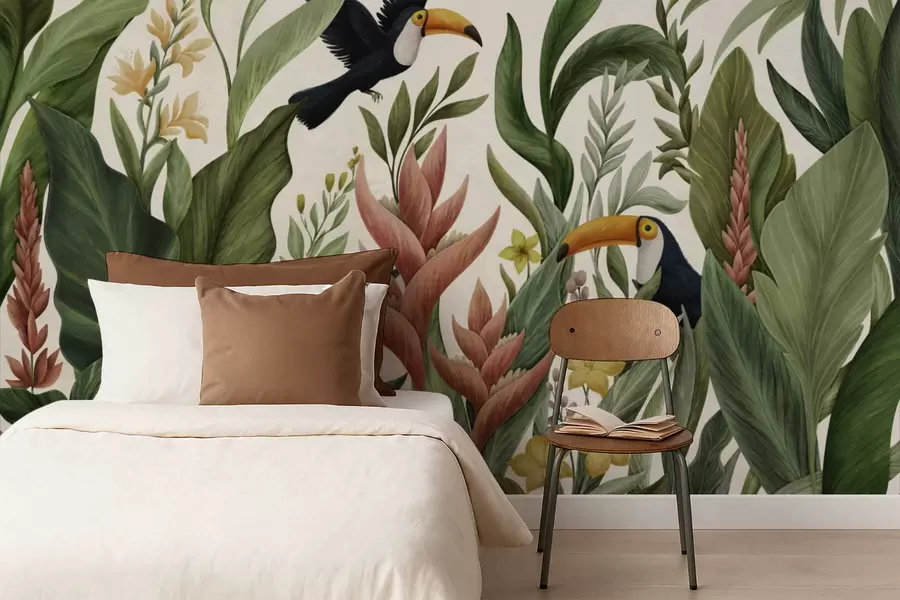 wall murals Тропске биљке и птице са великим кљуном на светлој позадини w05088v1