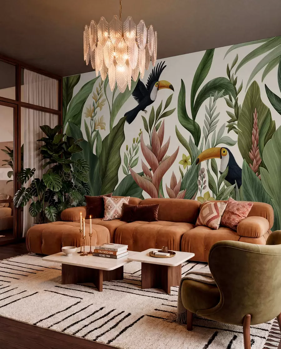 wall murals Тропске биљке и птице са великим кљуном на светлој позадини w05088v1