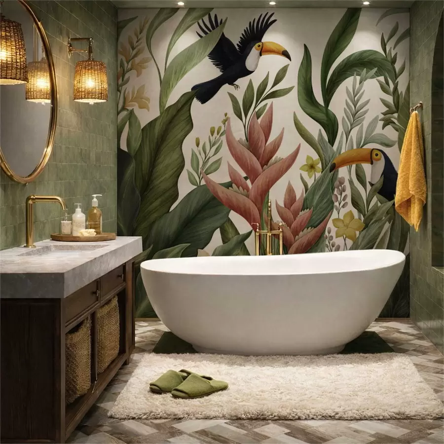 wall murals Тропско лишће и птице са великим кљуном на тамној позадини w05088v1