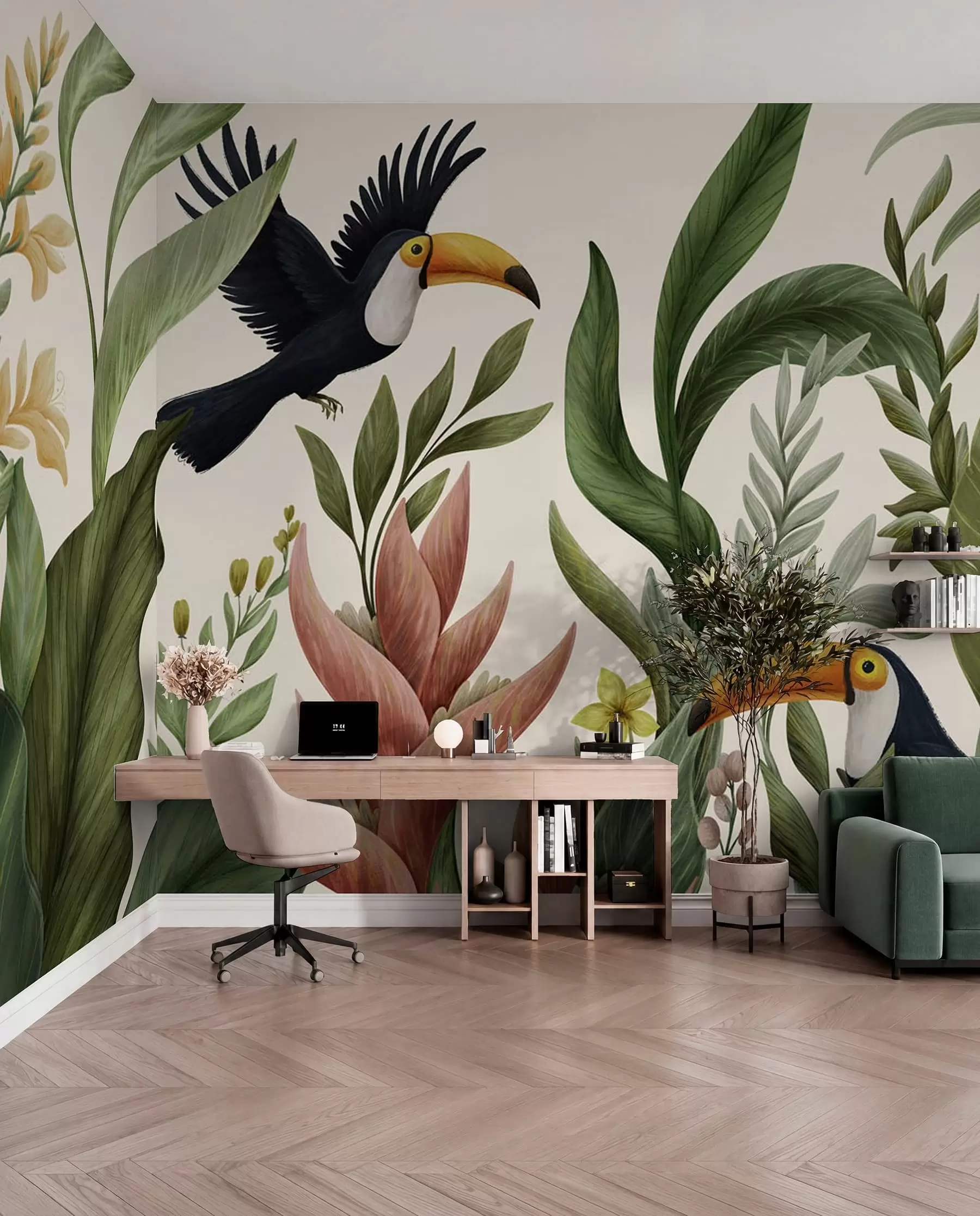 wall murals Тропске биљке и птице са великим кљуном на светлој позадини w05088v1