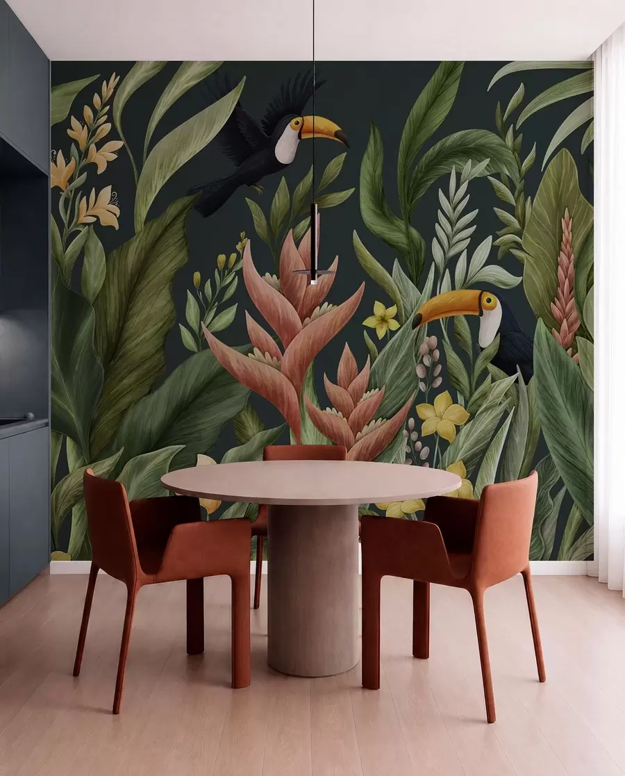 wall murals Тропске биљке и птице са великим кљуном на тамној позадини w05088v2