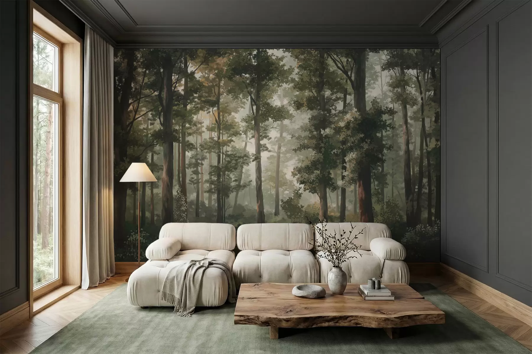 wall murals Илустрација шуме са маглом, високим дрвећем и стазом w05089