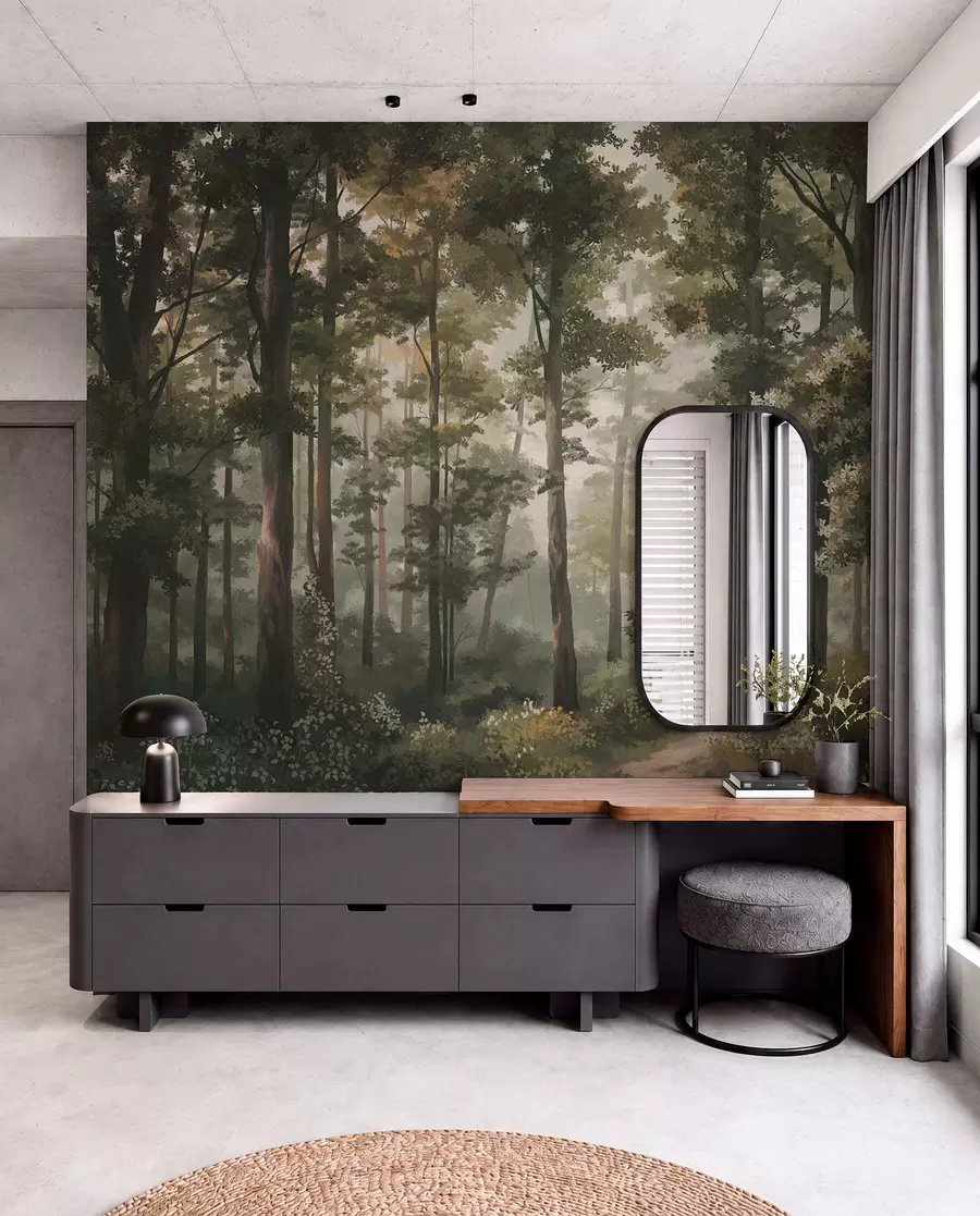 wall murals Илустрација шуме са маглом, високим дрвећем и стазом w05089