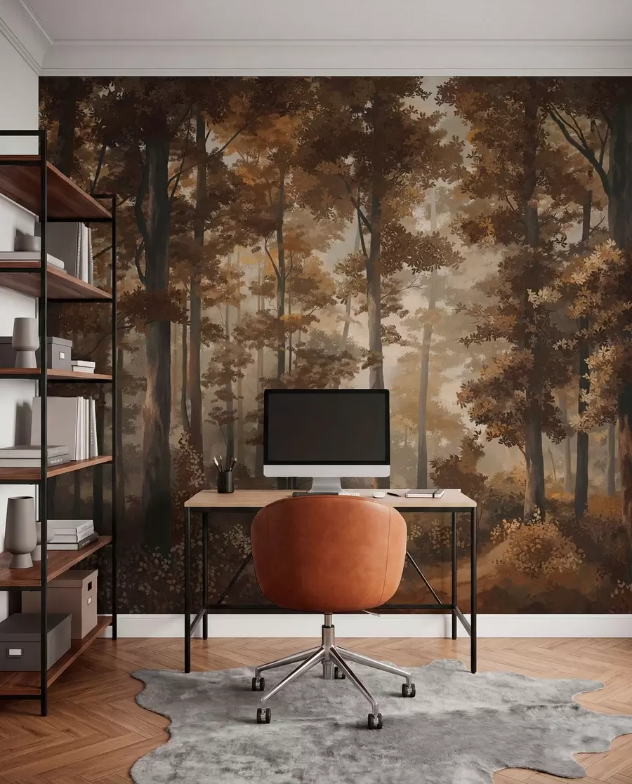 wall murals Јесењи шумски пејзаж са топлим светлом и густим дрвећем w05089v1