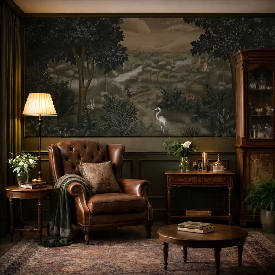 wall murals Фантазијски пејзаж са реком, кућом и птицама међу дрвећем w05090