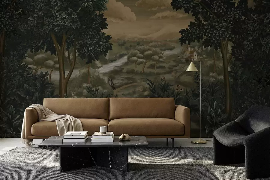 wall murals Фантазијски пејзаж са реком, кућом и птицама међу дрвећем w05090