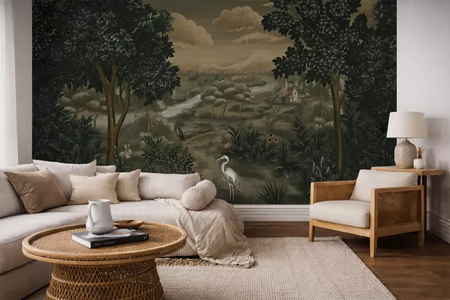 wall murals Фантазијски пејзаж са реком, кућом и птицама међу дрвећем w05090