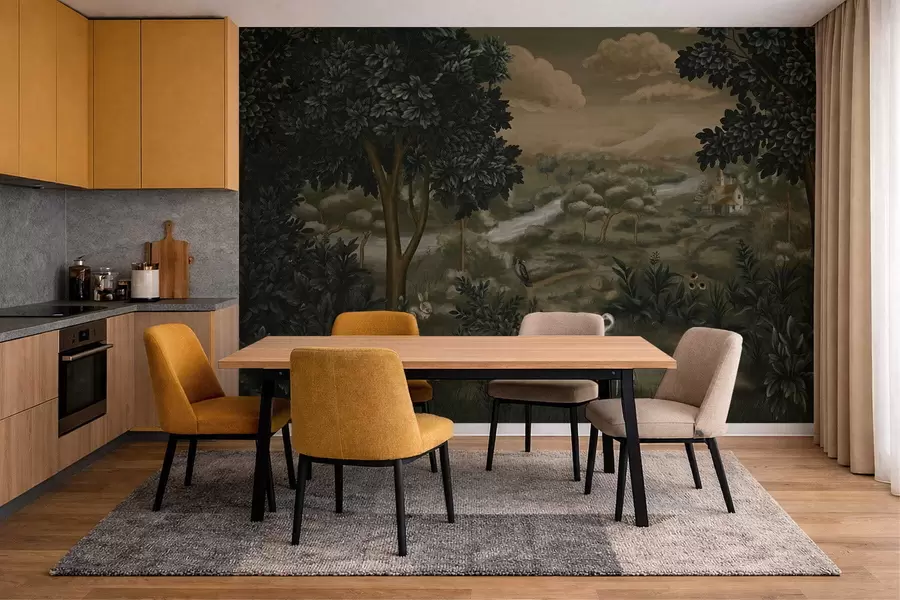 wall murals Фантазијски пејзаж са реком, кућом и птицама међу дрвећем w05090