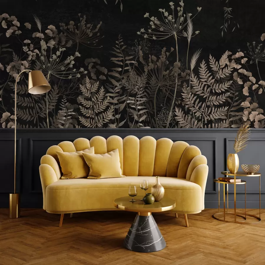 wall murals Тамни ботанички узорак са цвећем и лишћем w05092