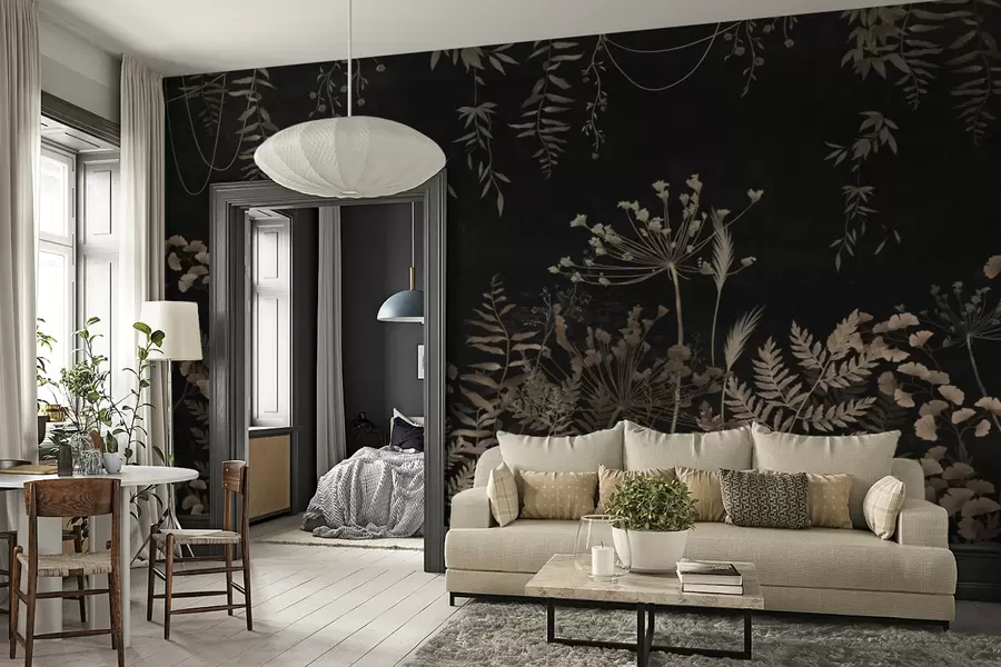 wall murals Тамни ботанички узорак са цвећем и лишћем w05092