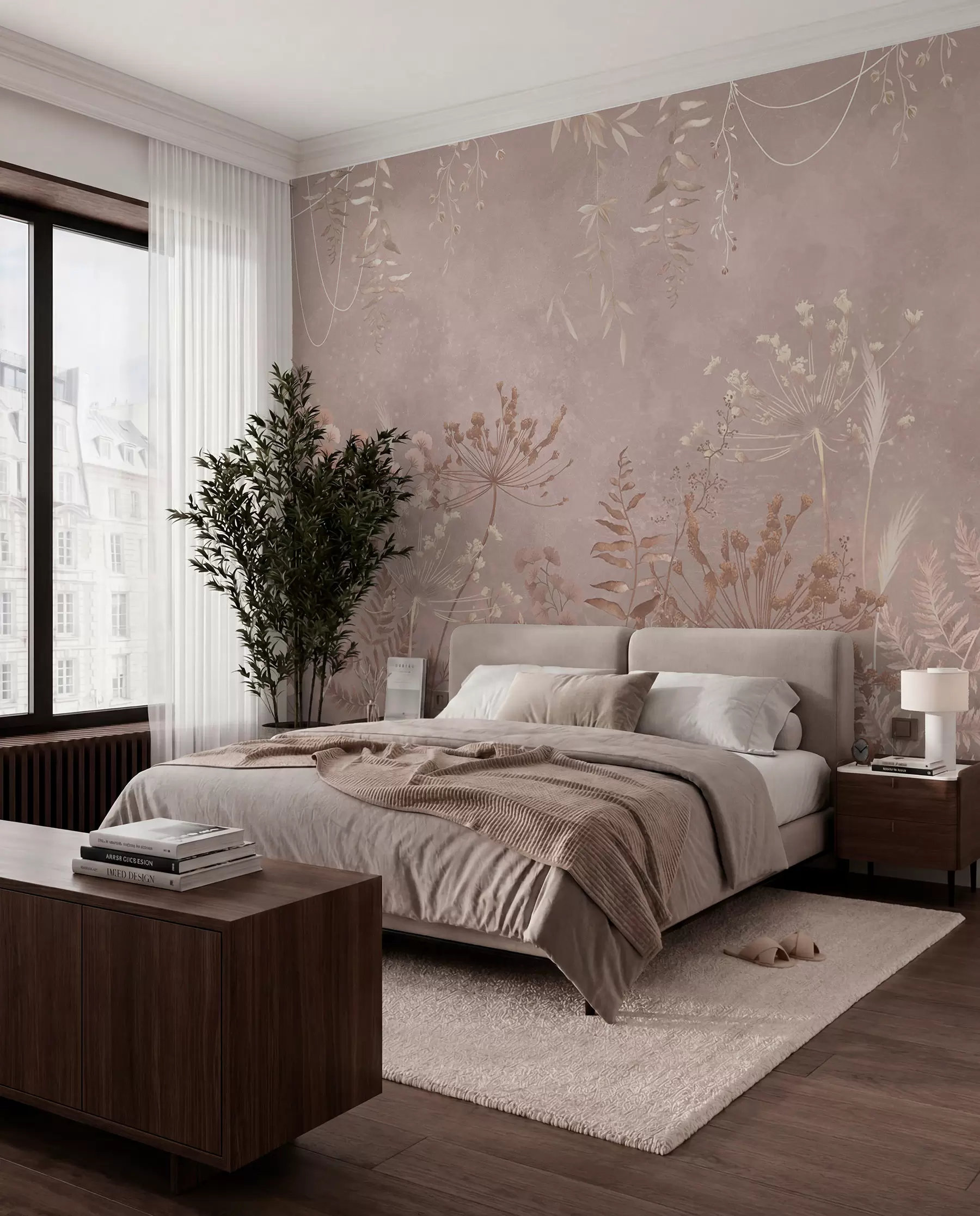 wall murals Меки беж ботанички узорак са дивљим цвећем w05092v2