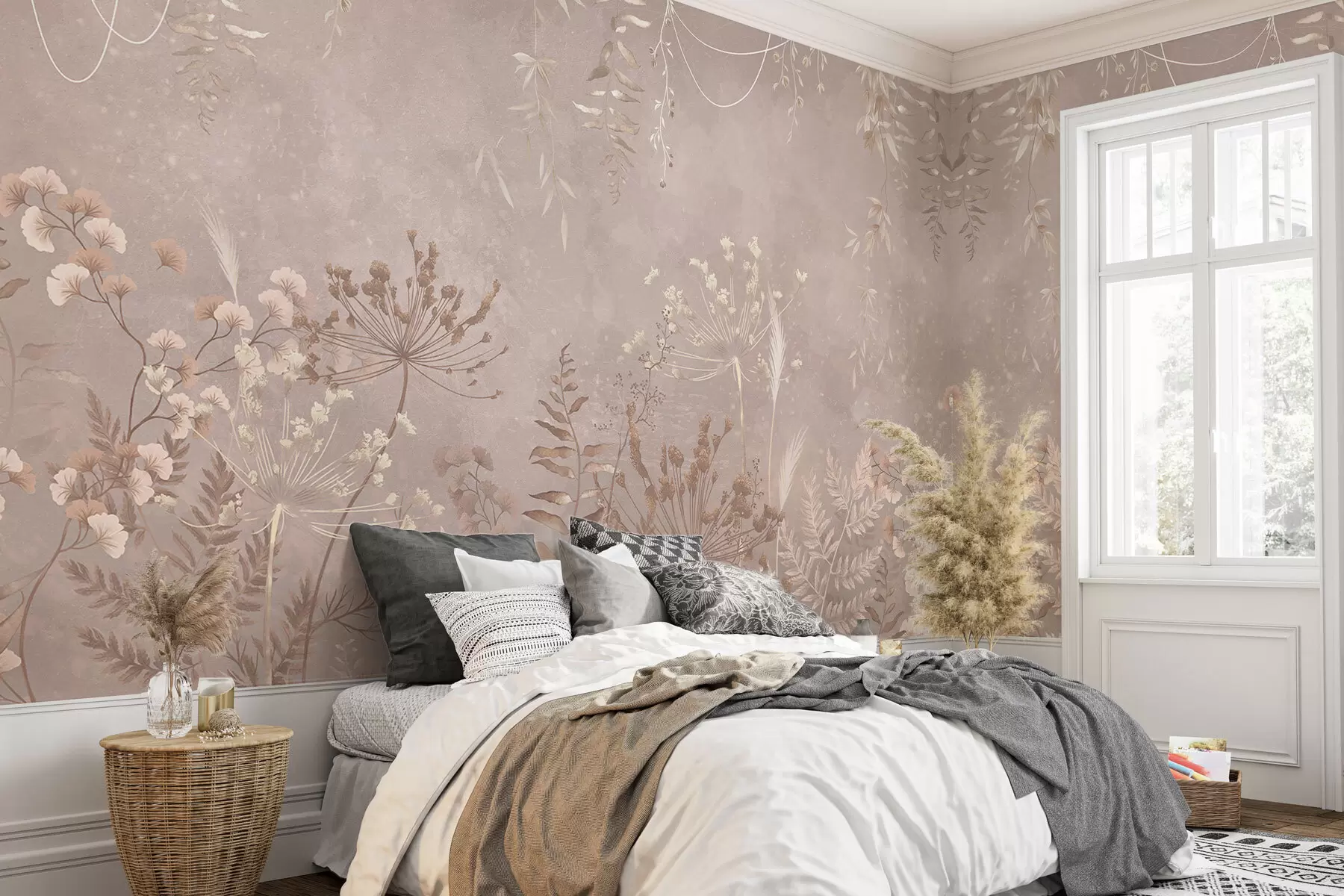 wall murals Меки беж ботанички узорак са дивљим цвећем w05092v2