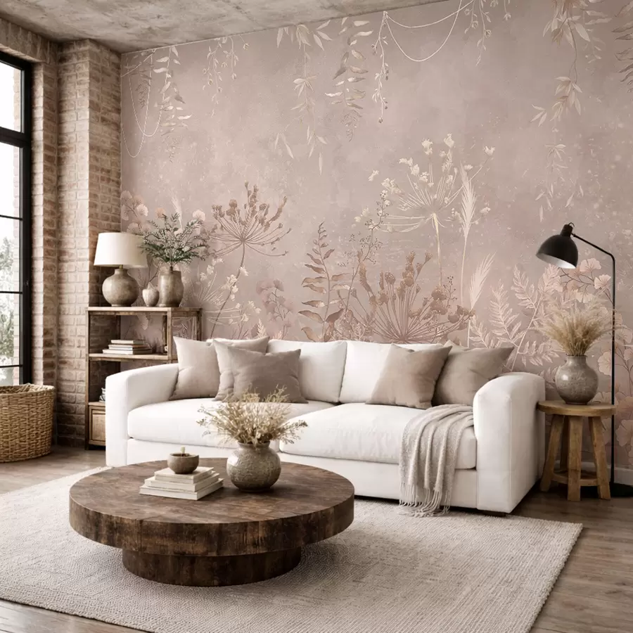 wall murals Меки беж ботанички узорак са дивљим цвећем w05092v2
