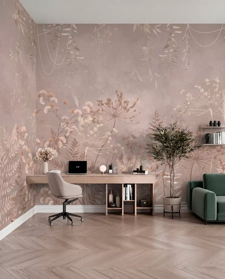 wall murals Меки беж ботанички узорак са дивљим цвећем w05092v2