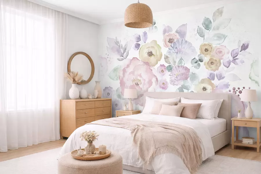 wall murals Мекана акварелна композиција са цвећем и лишћем w05093