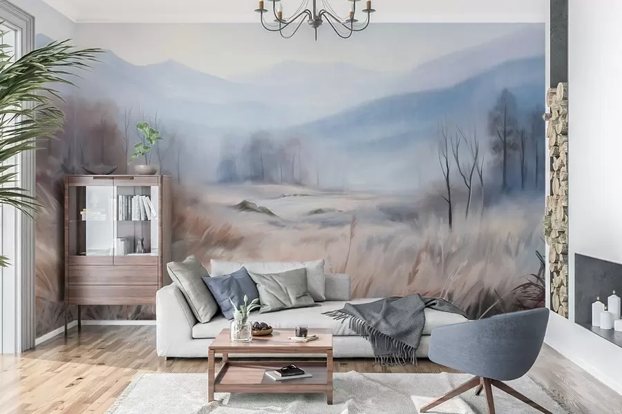 wall murals Текстурирани пејзаж са сувом травом у првом плану и дрвећем у позадини, са планинама у даљини w09542