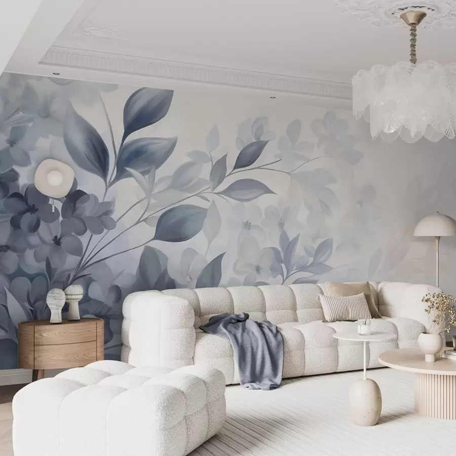 wall murals Текстурирана плава и бела грана са цвећем и лишћем које бледи у светлој позадини у стилу акварела w09543