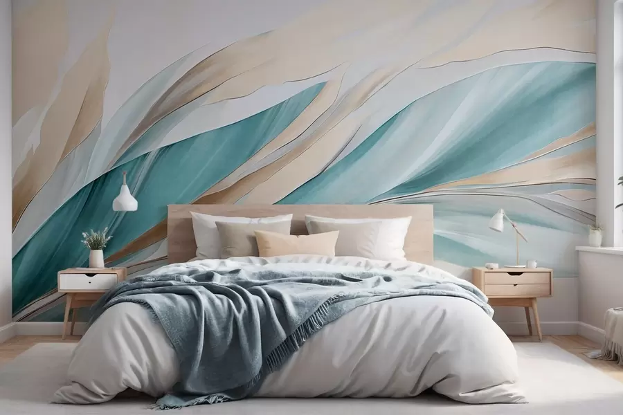 wall murals Апстрактни текући таласи тиркизне и жуте боје, са танким облицима и линијама, на белој позадини, текстурирана уметност w09585