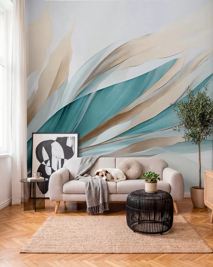 wall murals Апстрактни текући таласи тиркизне и жуте боје, са танким облицима и линијама, на белој позадини, текстурирана уметност w09585