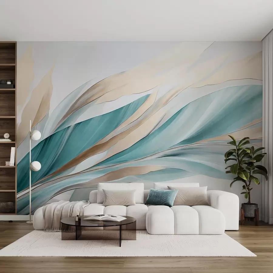 wall murals Апстрактни текући таласи тиркизне и жуте боје, са танким облицима и линијама, на белој позадини, текстурирана уметност w09585