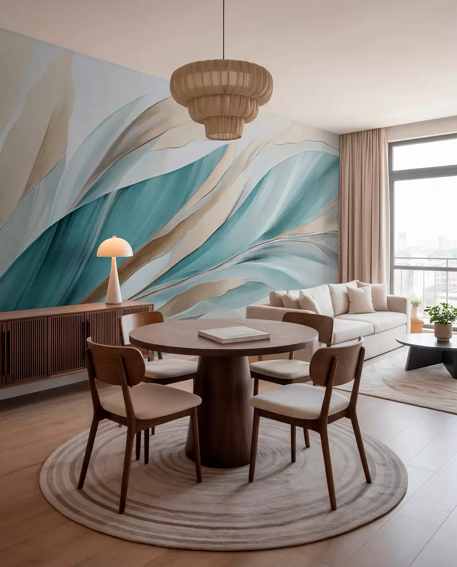 wall murals Апстрактни текући таласи тиркизне и жуте боје, са танким облицима и линијама, на белој позадини, текстурирана уметност w09585