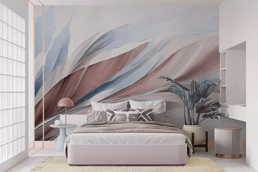 wall murals Апстрактни текући таласи плаве и браон боје, са танким облицима и линијама, на белој позадини, текстурирана уметност w09585v1