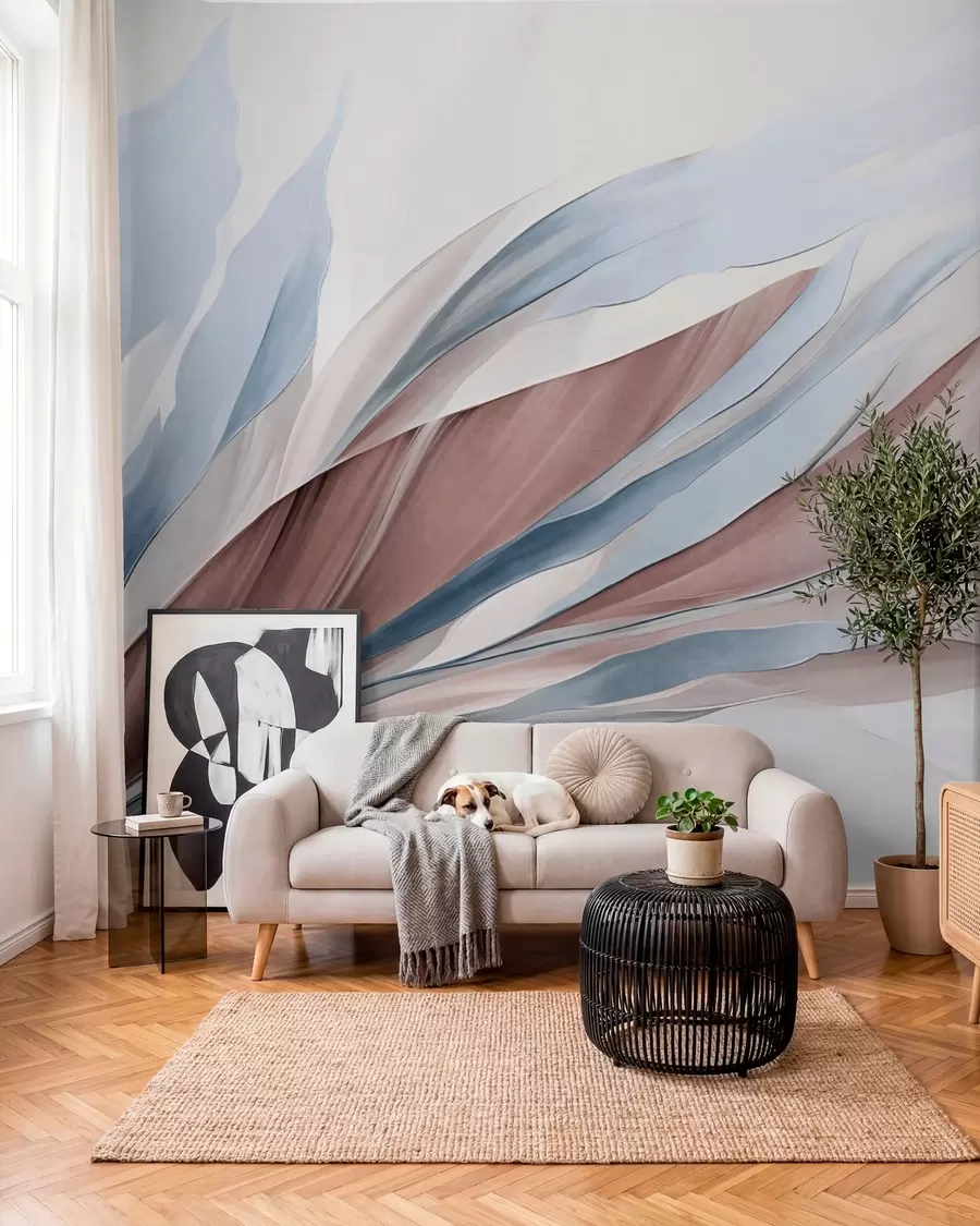wall murals Апстрактни текући таласи плаве и браон боје, са танким облицима и линијама, на белој позадини, текстурирана уметност w09585v1
