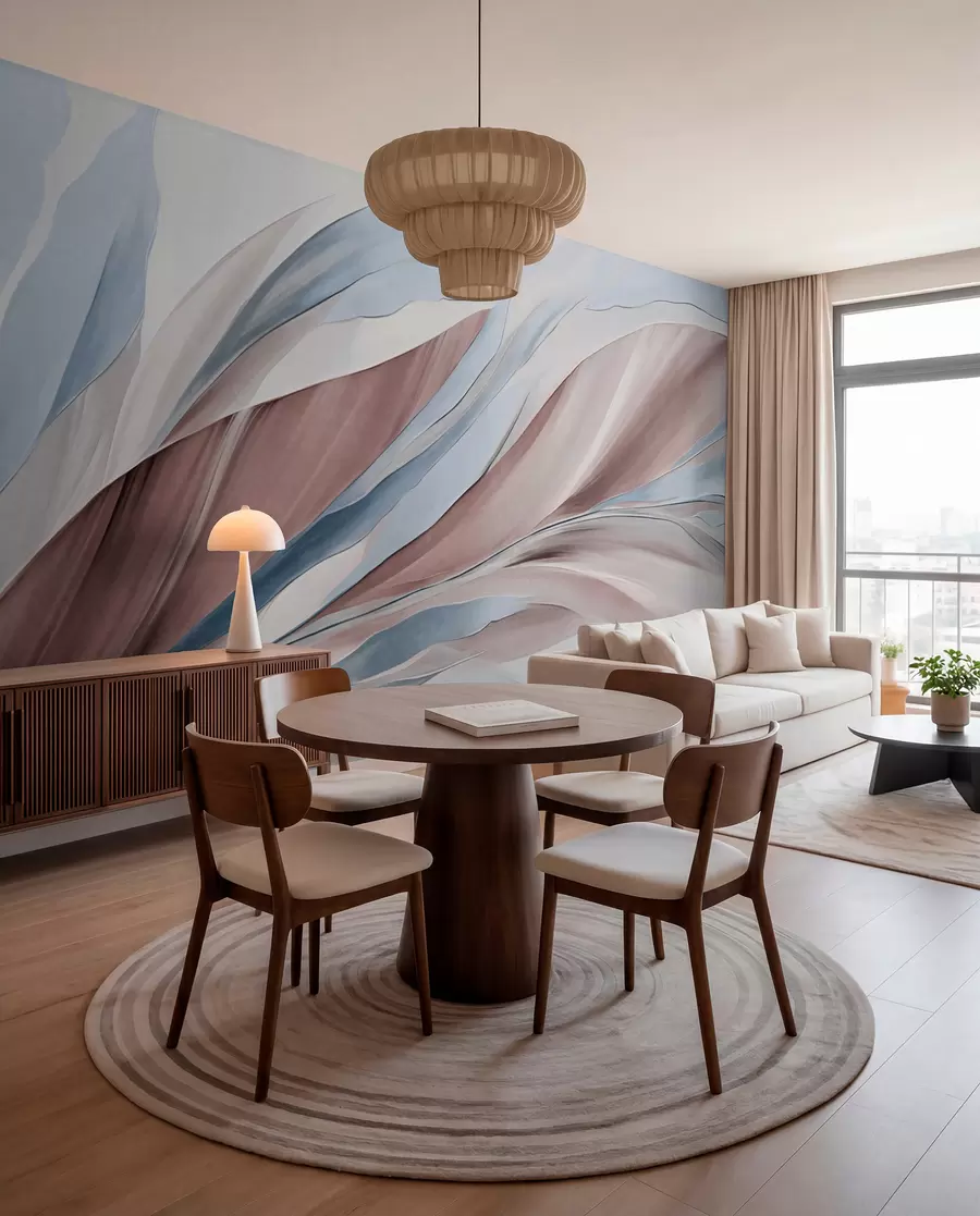 wall murals Апстрактни текући таласи плаве и браон боје, са танким облицима и линијама, на белој позадини, текстурирана уметност w09585v1