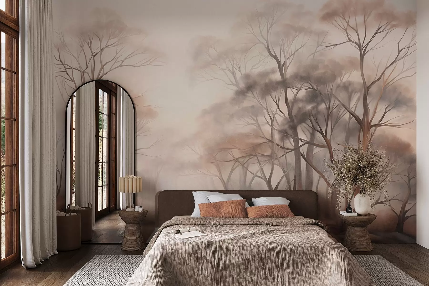 wall murals Текстурирано дрвеће у магловитој шуми, магловити пејзаж са пригушеним бојама и нежним осветљењем w09609