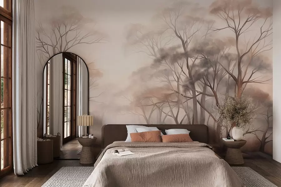 wall murals Текстурирано дрвеће у магловитој шуми, магловити пејзаж са пригушеним бојама и нежним осветљењем w09609