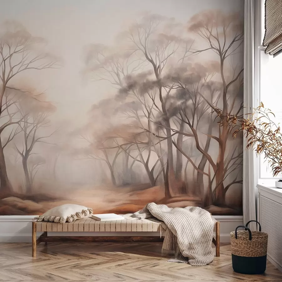 wall murals Текстурирано дрвеће у магловитој шуми, магловити пејзаж са пригушеним бојама и нежним осветљењем w09609