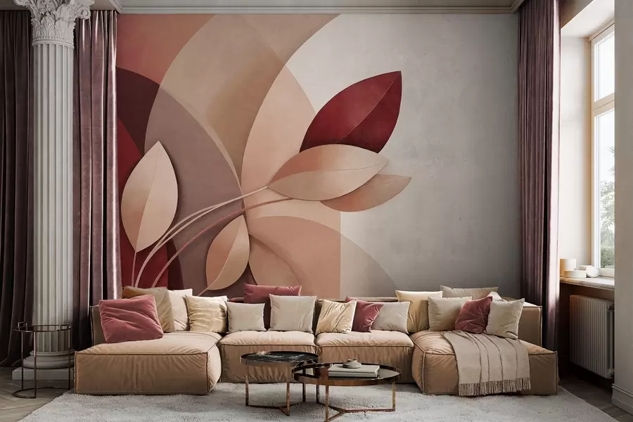 wall murals Апстрактна текстурирана грана са листовима у нијансама браон, беж и црвене, на позадини апстрактних облика w09618