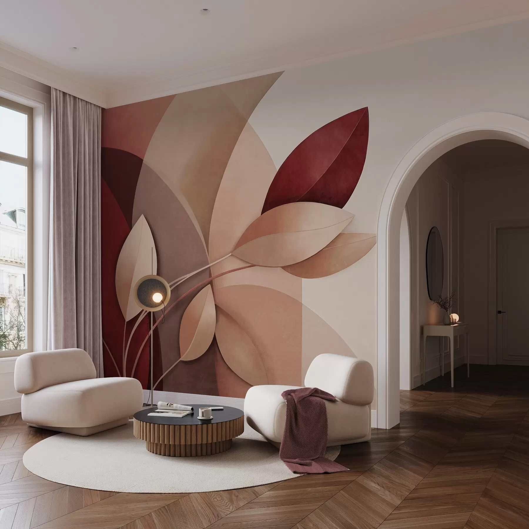 wall murals Апстрактна текстурирана грана са листовима у нијансама браон, беж и црвене, на позадини апстрактних облика w09618