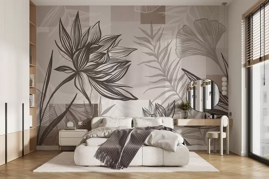 wall murals Текстурирано стилизовано цвеће и лишће у нијансама браон и беж боје, са геометријском позадином, линијском уметношћу w09629