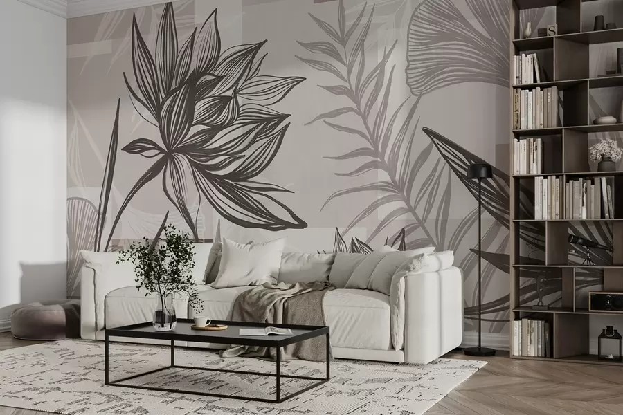 wall murals Текстурирано стилизовано цвеће и лишће у нијансама браон и беж боје, са геометријском позадином, линијском уметношћу w09629