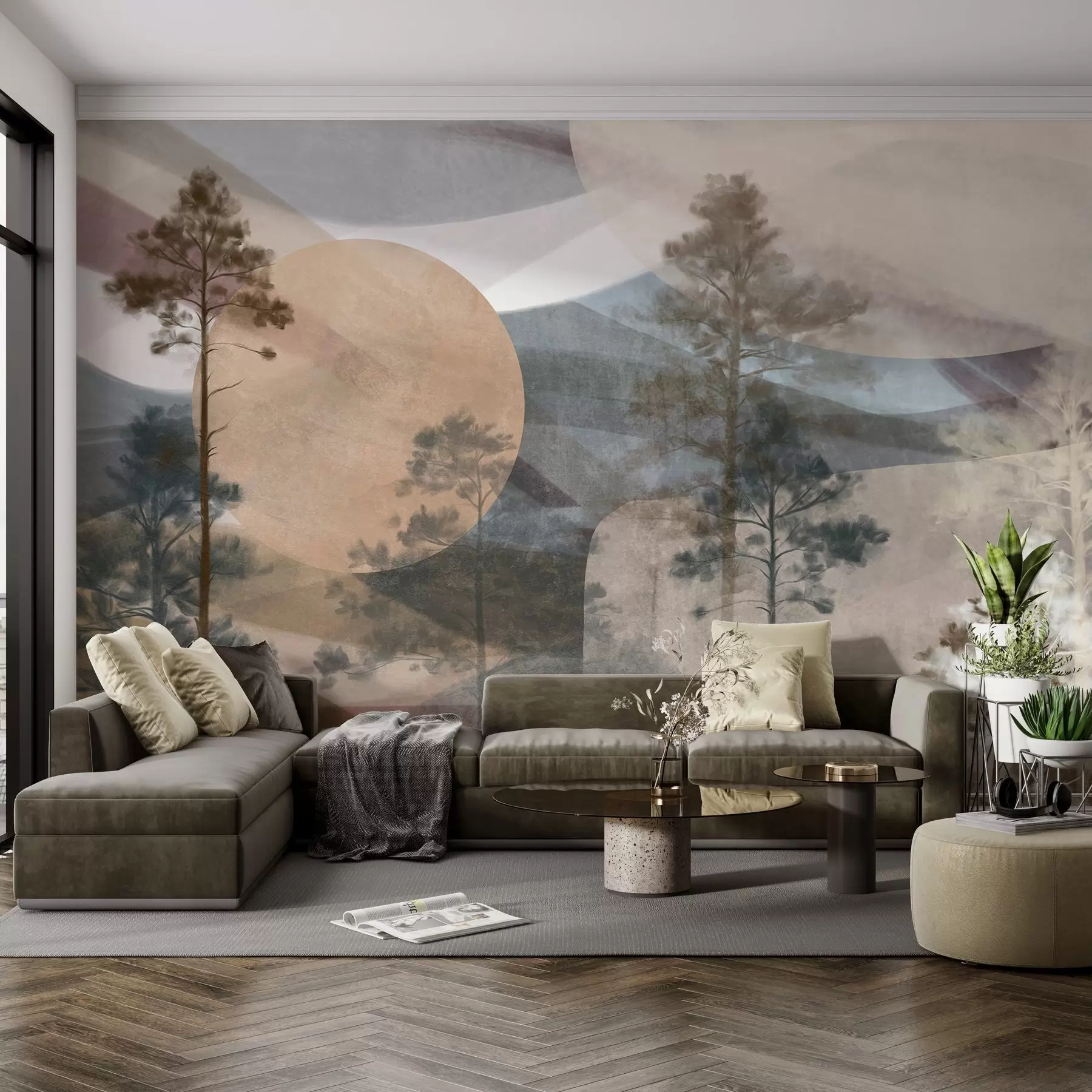 wall murals Високи борови у пригушеном текстурираном пејзажу са апстрактним кружним облицима и слојевитим планинама у земљаним тоновима w09636