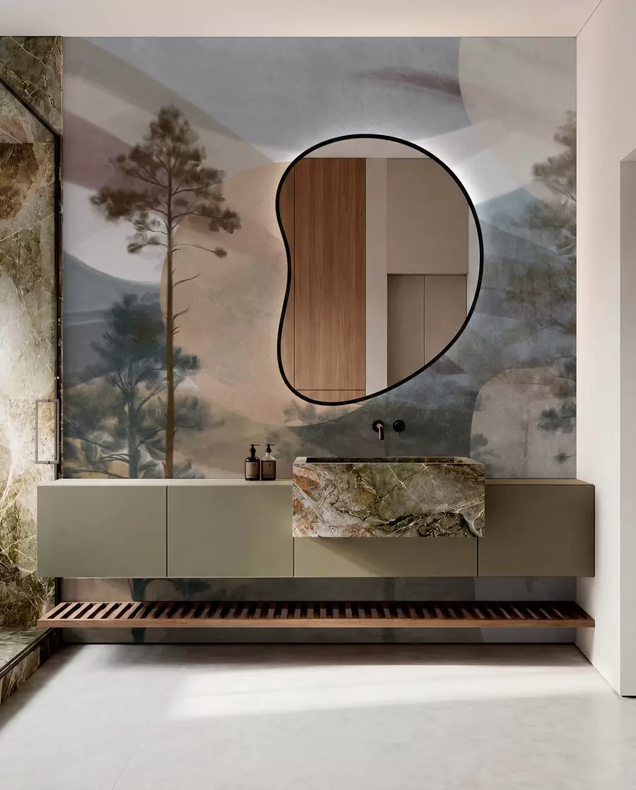 wall murals Високи борови у пригушеном текстурираном пејзажу са апстрактним кружним облицима и слојевитим планинама у земљаним тоновима w09636