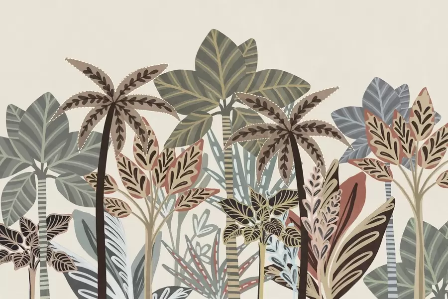 wall murals Текстуриране тропске биљке и палме са пригушеним бојама у декоративном бохо стилу на кремастој позадини w09639