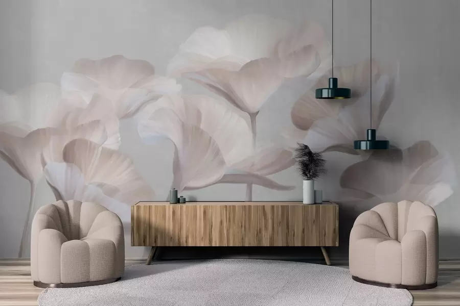 wall murals Бледо бресквасто текстурирани провидни лотосови цветови са нежним латицама на пригушеној сивој позадини w09640