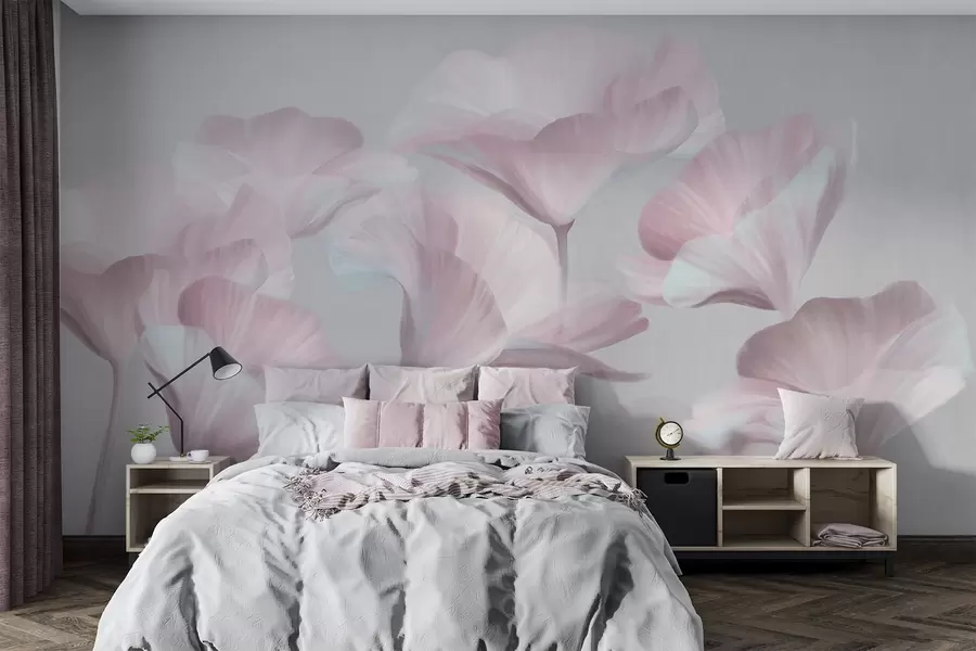 wall murals Бледо ружичасти текстурирани провидни цветови лотоса са нежним латицама на пригушеној сивој позадини w09640v1