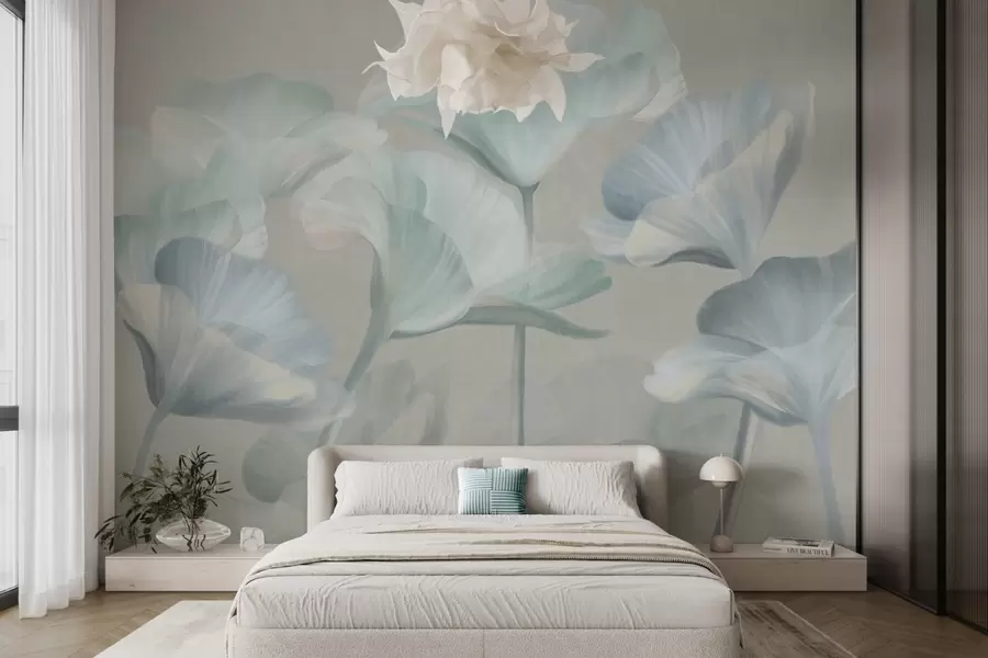 wall murals Бледо тиркизно текстурирани провидни цветови лотоса са нежним латицама на пригушеној сивој позадини w09640v2