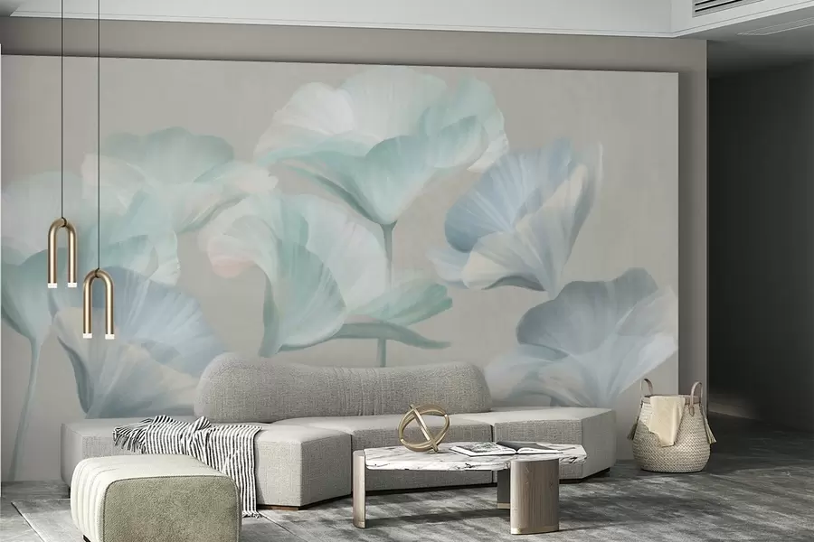 wall murals Бледо тиркизно текстурирани провидни цветови лотоса са нежним латицама на пригушеној сивој позадини w09640v2