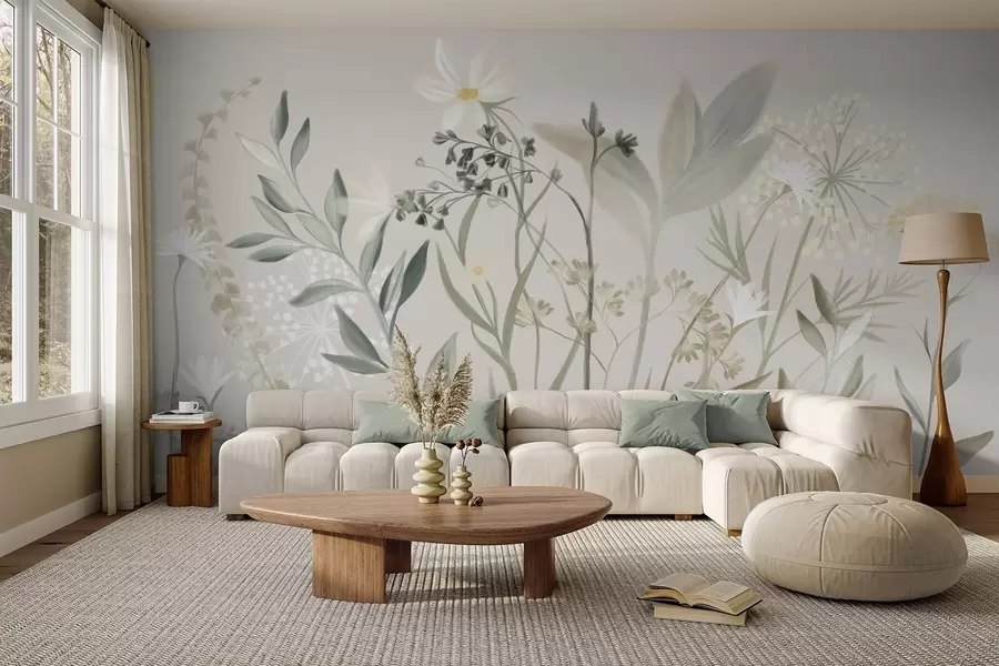 wall murals Нежно текстурирано дивље цвеће и лишће у пригушеним зеленим и крем тоновима на мекој беж позадини w09641